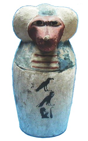 חיקוי לכלי קנופי בדמות בבון עם כתובת מצרית 'אמטי' (שם פרטי), עץ, השושלת המאוחרת