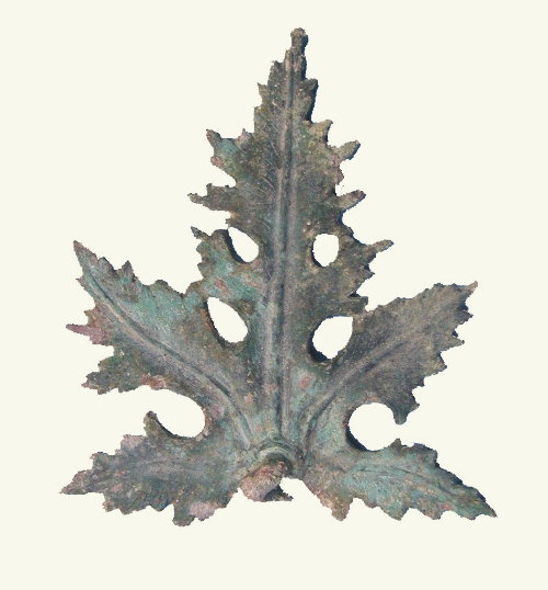 Bronze oil lamp handle in the shape of a vine leaf  Mishnaic, (Late Roman) period