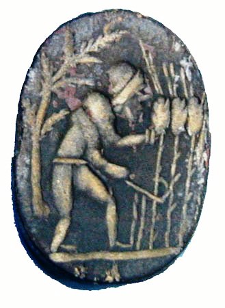 גמה גנוסטית מאבן ציפחה,  המתארת אדם קוצר שיבולים, תקופת התלמוד (התקופה הביזנטית)