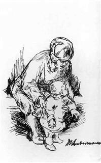 אישה על ספסל עם ילד קטן, דיות הודי על נייר