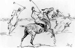 Three Polo Players on Horses, india ink on paper 