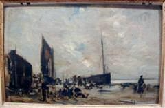 Beach with Sailing Boats and People, oil on wood 